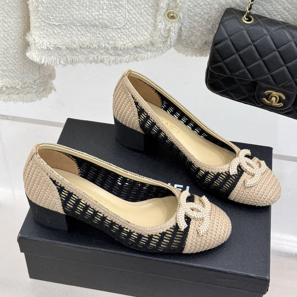 CC 25P Hollow Double C Ballet Flats 50mm Beige Black Raffia 265636