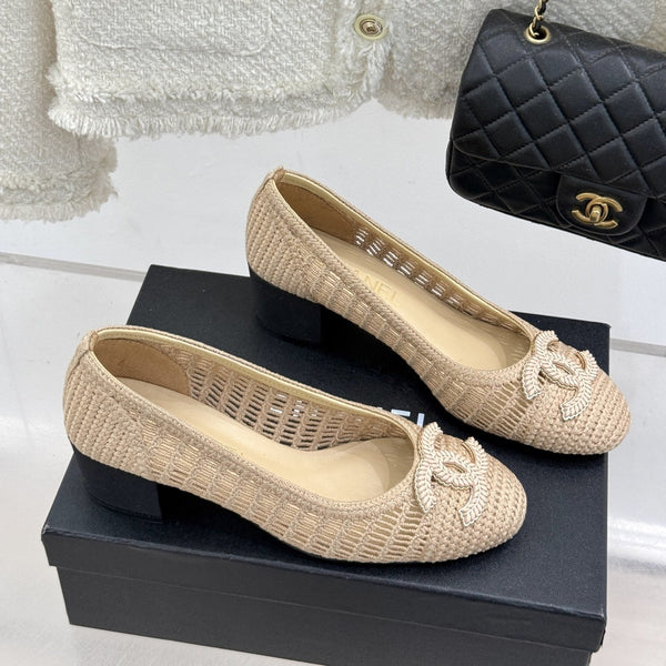 CC 25P Hollow Double C Ballet Flats 50mm Beige Raffia 265638