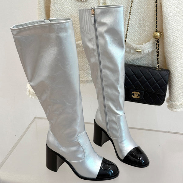 CC Classic Long Boots Block Heel 90mm Sliver Metalic Calfskin 465392