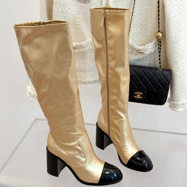 CC Classic Long Boots Block Heel 90mm Gold Metalic Calfskin 465393