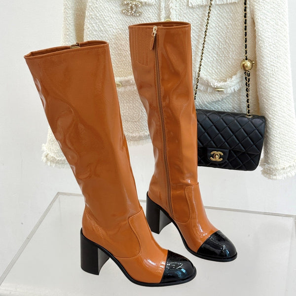 CC Classic Long Boots Block Heel 90mm Burnt Orange Patent Leather 465394