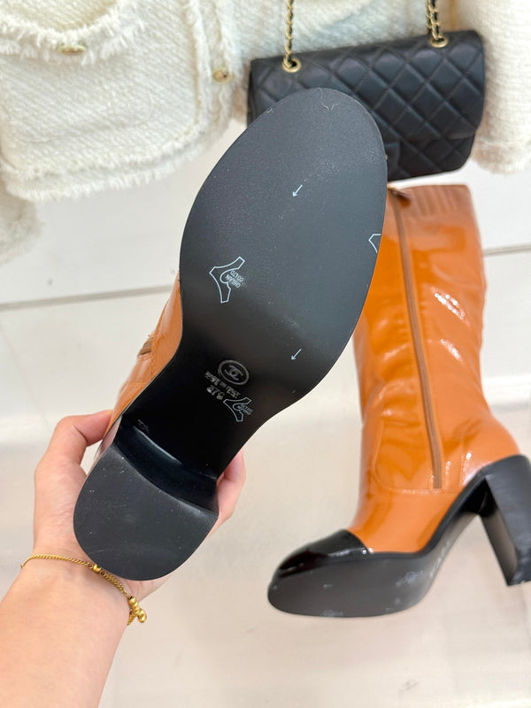 CC Classic Long Boots Block Heel 90mm Burnt Orange Patent Leather 465394