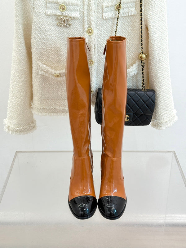 CC Classic Long Boots Block Heel 90mm Burnt Orange Patent Leather 465394