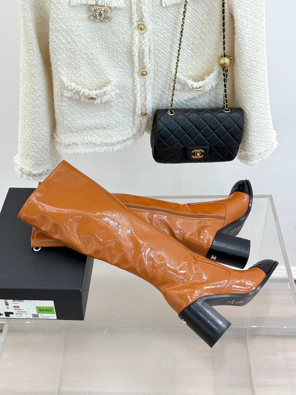 CC Classic Long Boots Block Heel 90mm Burnt Orange Patent Leather 465394