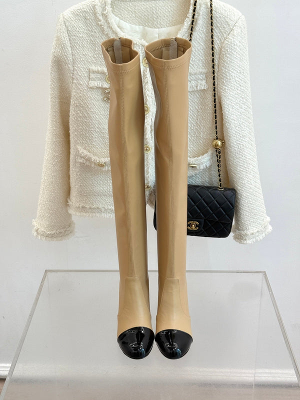 Chanel 25 Double C Giant Pearl Heel Long Boot Beige Black Sheepskin 465411