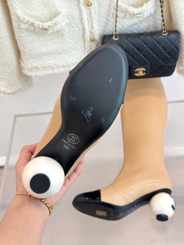 Chanel 25 Double C Giant Pearl Heel Long Boot Beige Black Sheepskin 465411