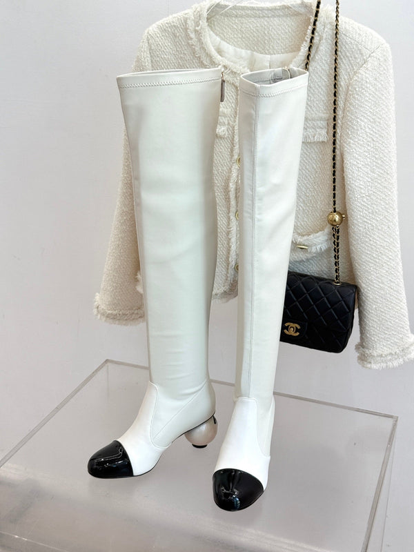 Chanel 25 Double C Giant Pearl Heel Long Boot White Black Sheepskin 465412