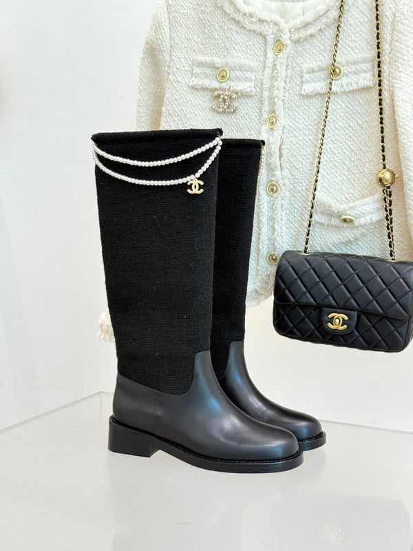 Chanel 25 Four-Leaf Clover Pearls Double C Long Boots Black Woven Sheepskin 465407