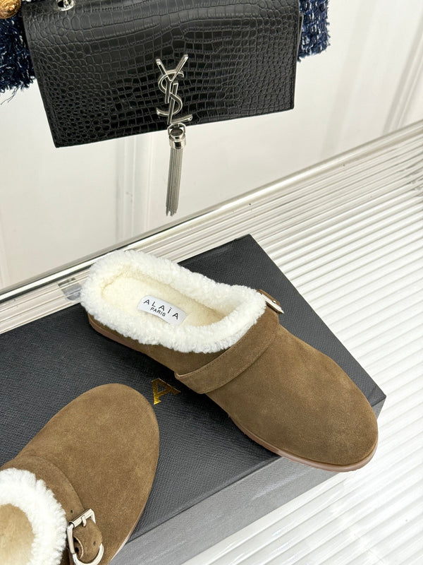 Alaia 25WF slippers belt buckle khaki brown suede wool 472227