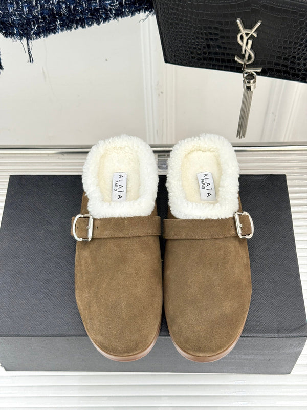 Alaia 25WF slippers belt buckle khaki brown suede wool 472227