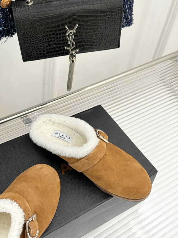 Alaia 25WF slippers belt buckle caramel brown suede wool 472229