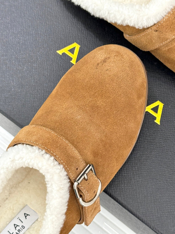 Alaia 25WF slippers belt buckle caramel brown suede wool 472229