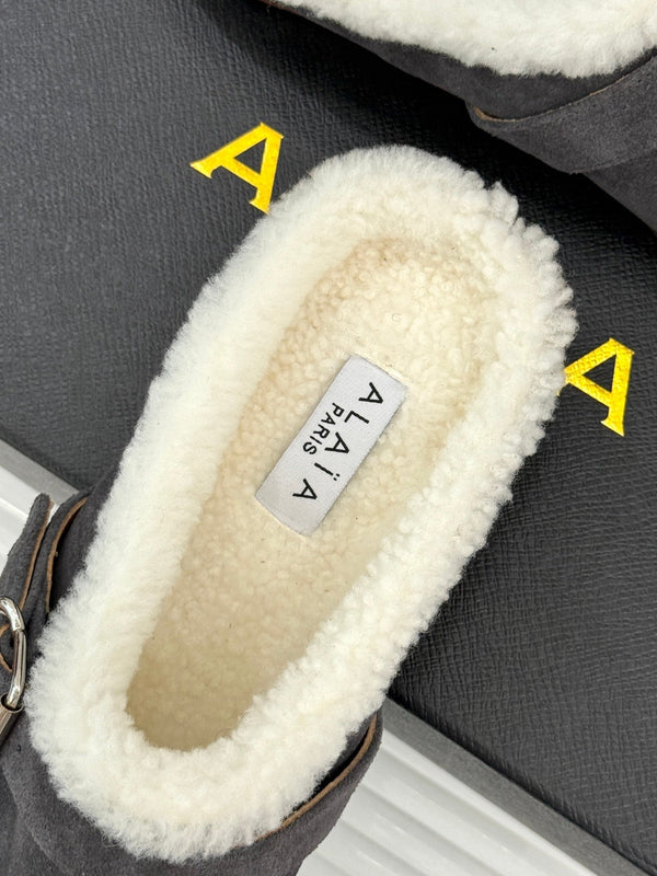 Alaia 25WF slippers belt buckle charcoal grey suede wool 472230