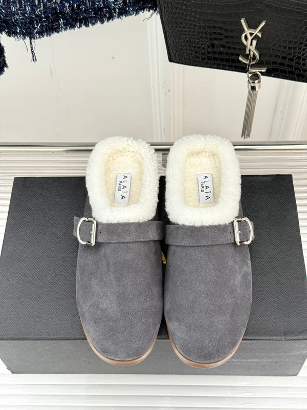 Alaia 25WF slippers belt buckle charcoal grey suede wool 472230