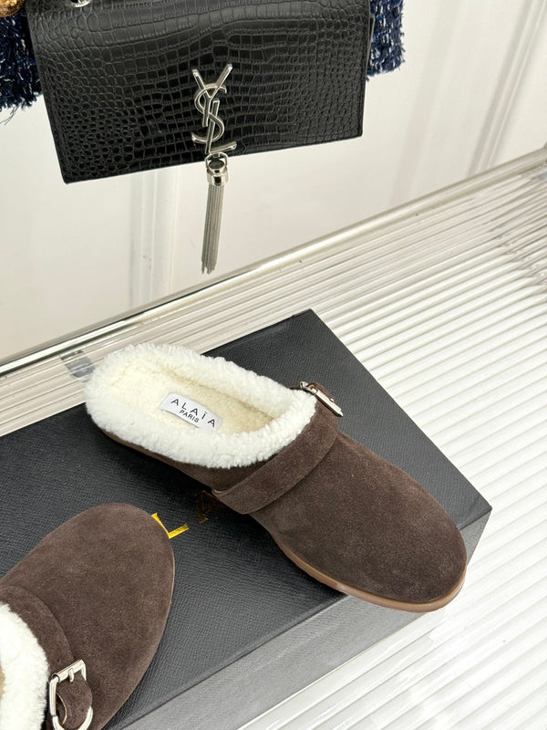 Alaia 25WF slippers belt buckle chocolate brown suede wool 472231