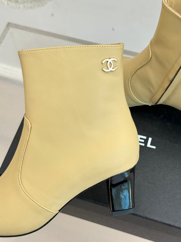 Chanel Double C Colorblock Heel Boot Beige Sheepskin 465414