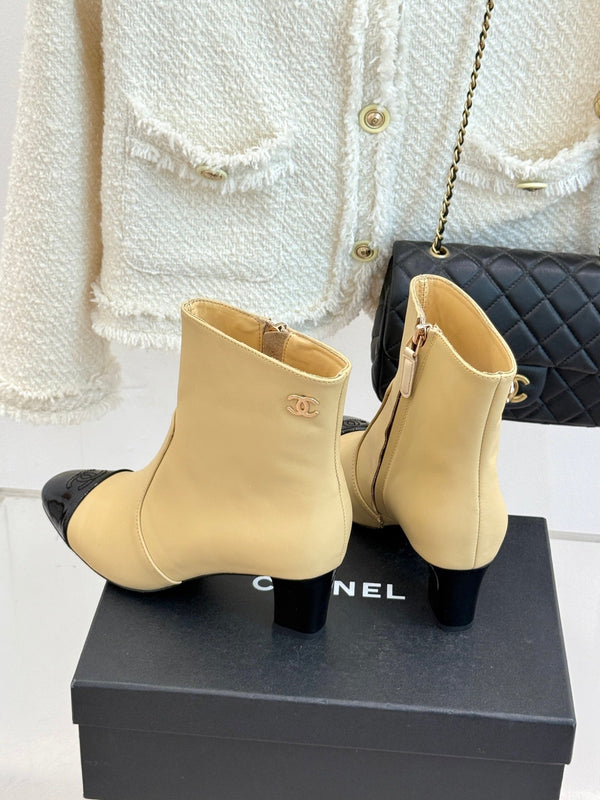 Chanel Double C Colorblock Heel Boot Beige Sheepskin 465414