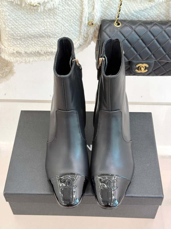 Chanel Double C Colorblock Heel Boot Black Sheepskin 465416