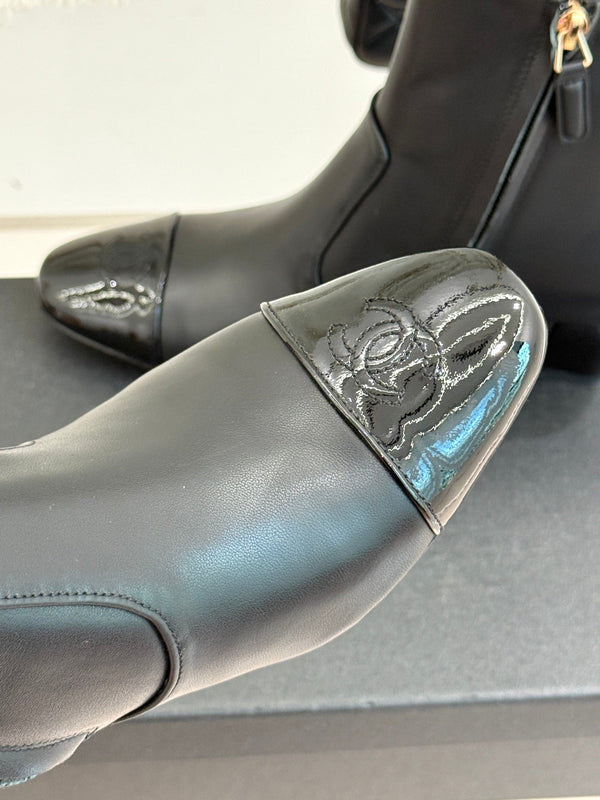 Chanel Double C Colorblock Heel Boot Black Sheepskin 465416