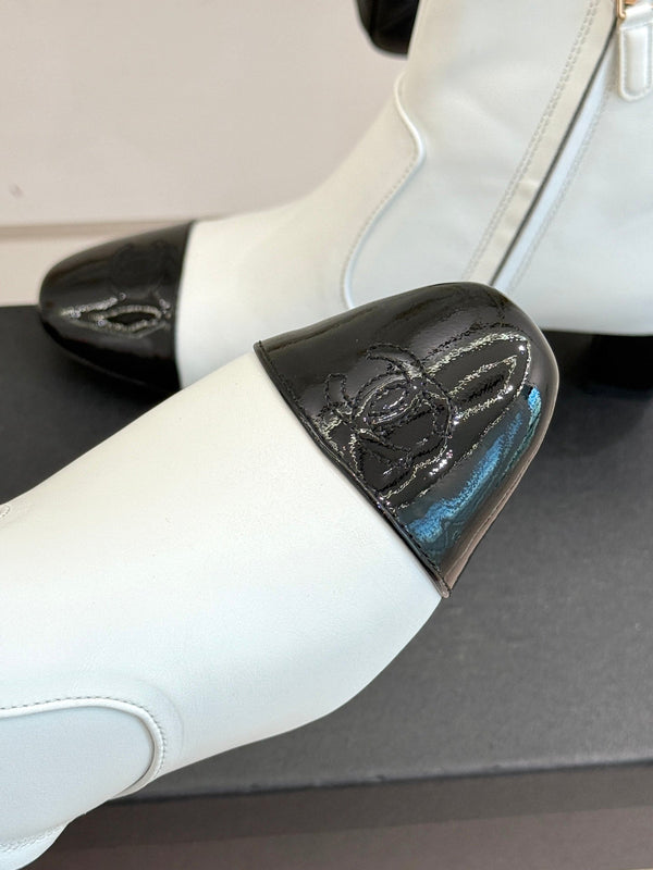 Chanel Double C Colorblock Heel Boot White Sheepskin 465415