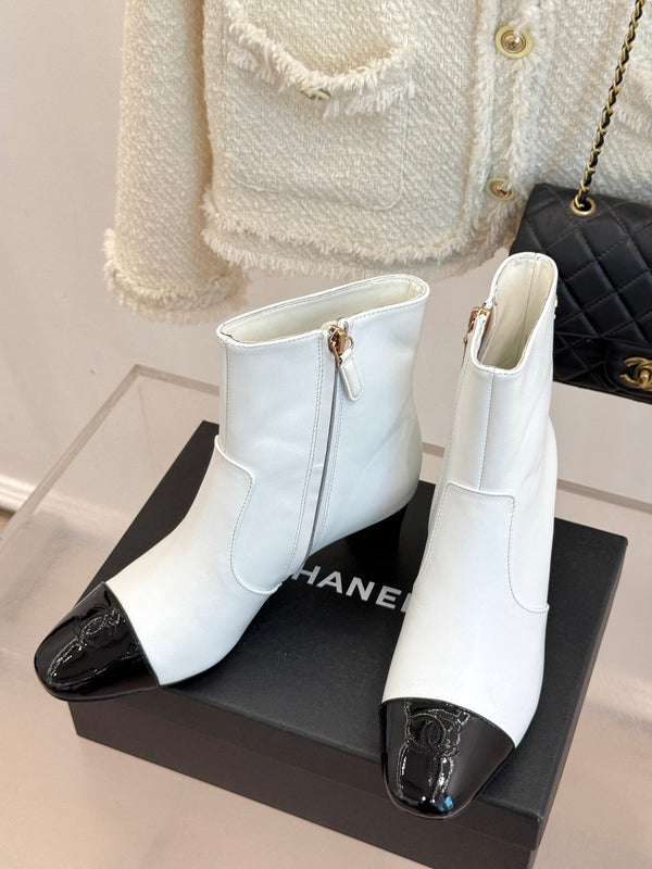 Chanel Double C Colorblock Heel Boot White Sheepskin 465415