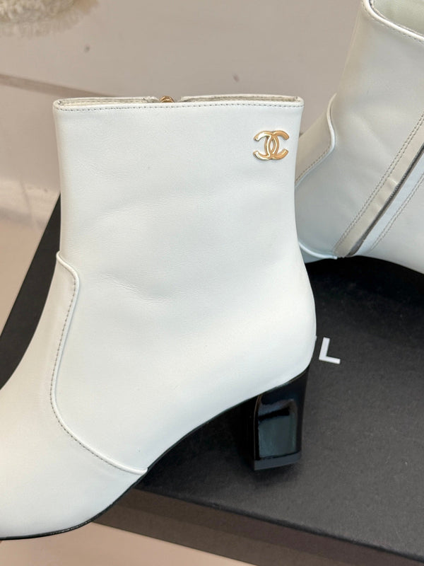 Chanel Double C Colorblock Heel Boot White Sheepskin 465415