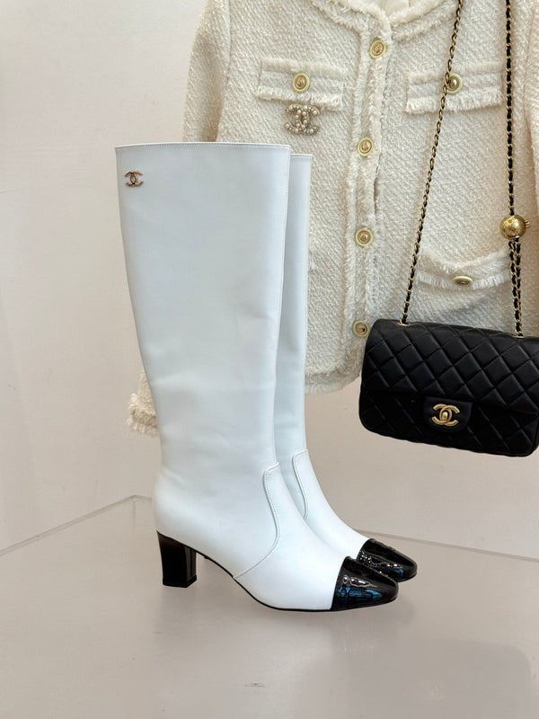 Chanel Double C Colorblock Heel Long Boot Black Sheepskin 465417
