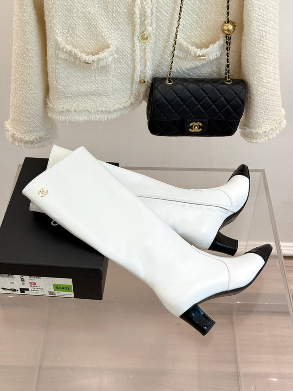 Chanel Double C Colorblock Heel Long Boot Black Sheepskin 465417