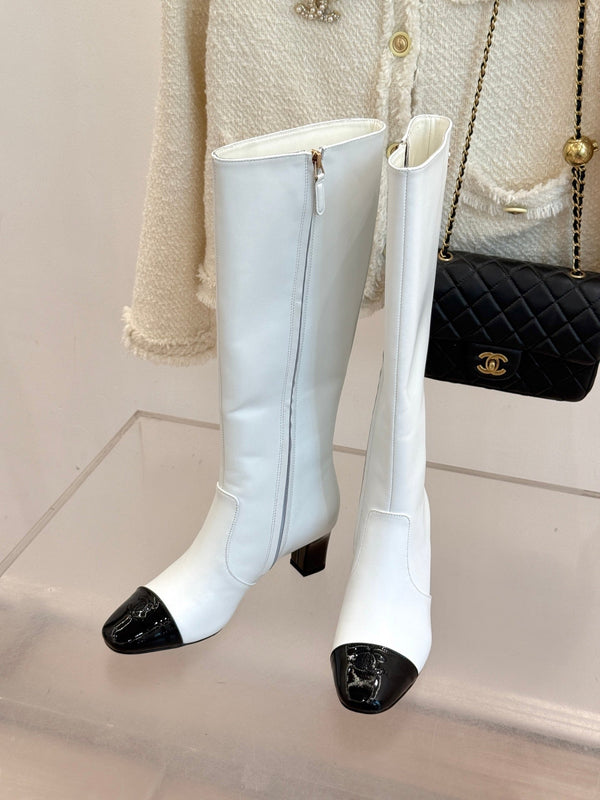 Chanel Double C Colorblock Heel Long Boot Black Sheepskin 465417