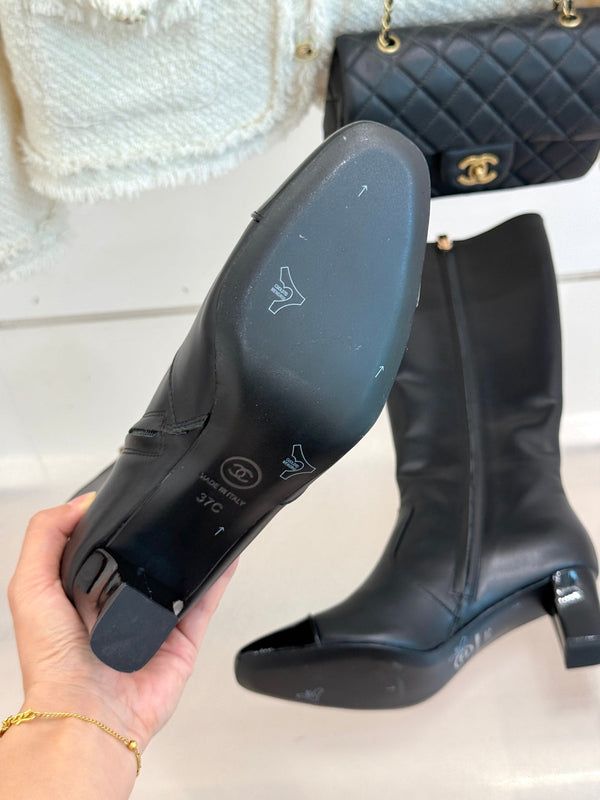 Chanel Double C Colorblock Heel Long Boot Black Sheepskin 465419