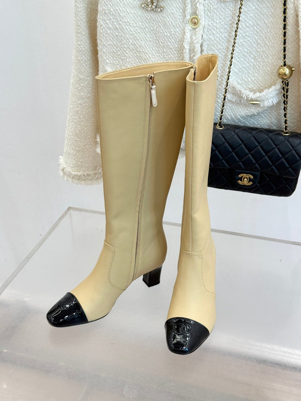 Chanel Double C Colorblock Heel Long Boot Beige Sheepskin 465418