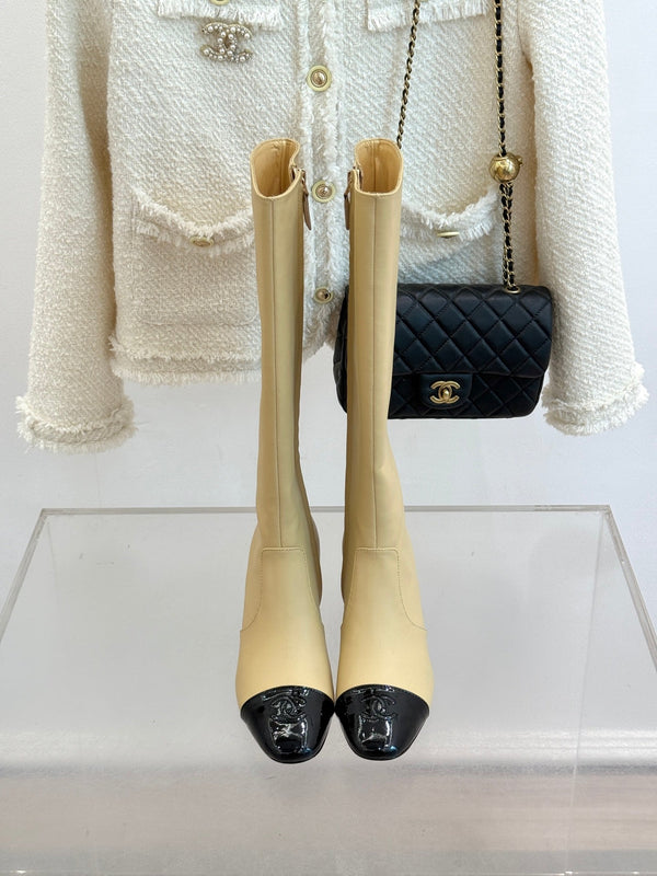 Chanel Double C Colorblock Heel Long Boot Beige Sheepskin 465418