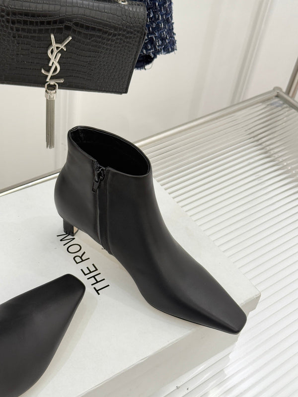 The Row 2025 Square Toe Kitten Heel Ankle Boot Black Sheepskin 572054
