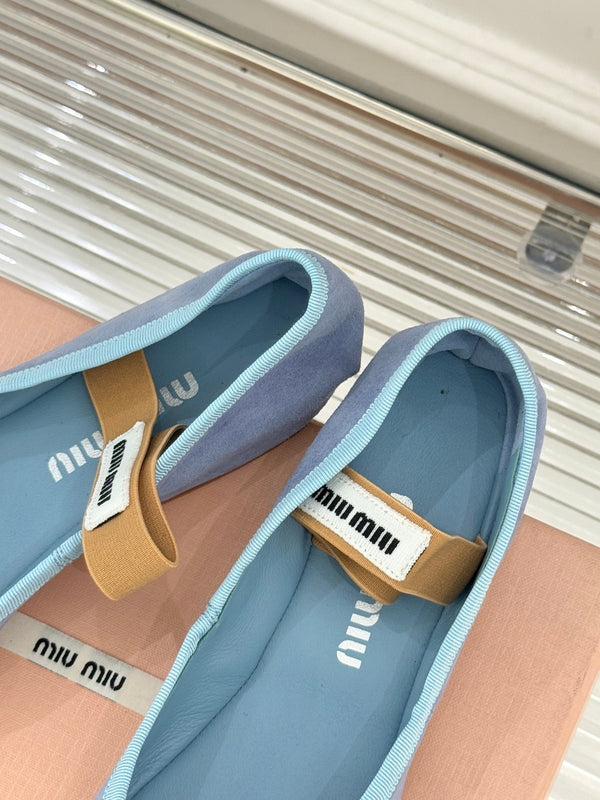 Miu Classic Bow Letter Ballet Flat French Sky Blue Suede