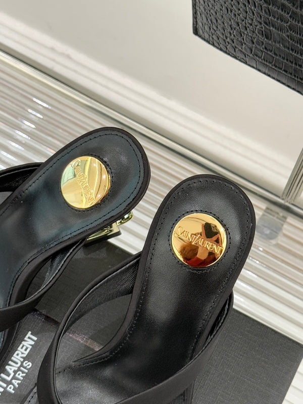 YSL Opyum Mule Sandals 8.5cm Black Satin Leather 642925