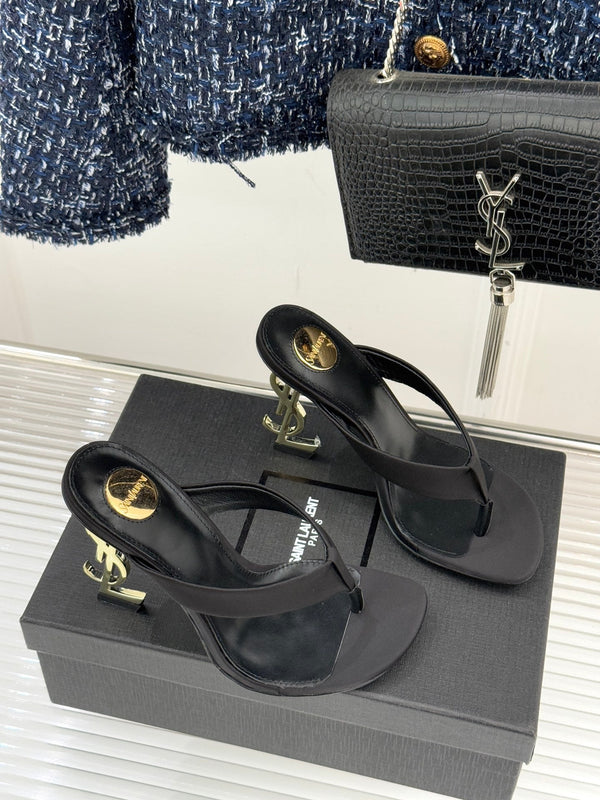 YSL Opyum Mule Sandals 8.5cm Black Satin Leather 642925