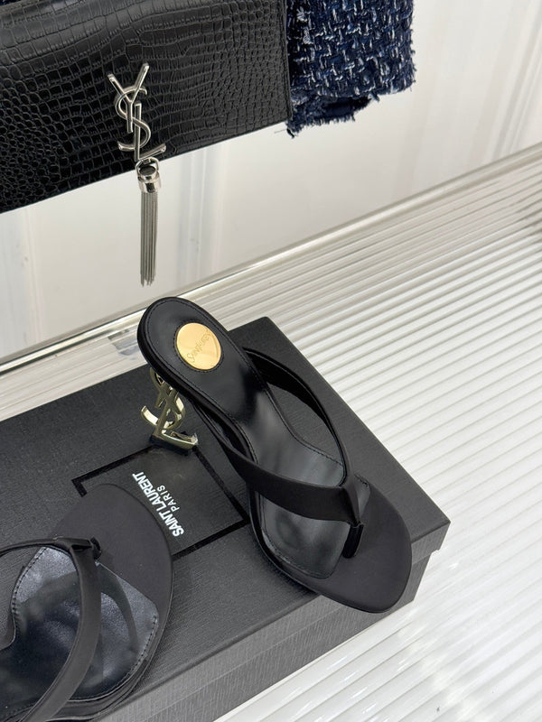 YSL Opyum Mule Sandals 8.5cm Black Satin Leather 642925