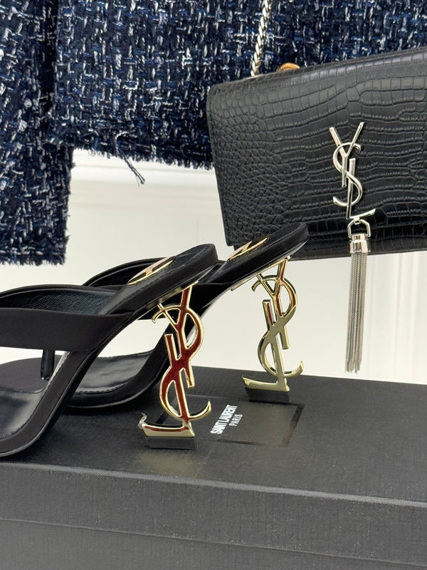 YSL Opyum Mule Sandals 8.5cm Black Satin Leather 642925