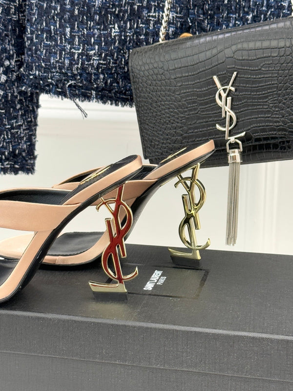 YSL Opyum Mule Sandals 8.5cm Beige Satin Leather Red