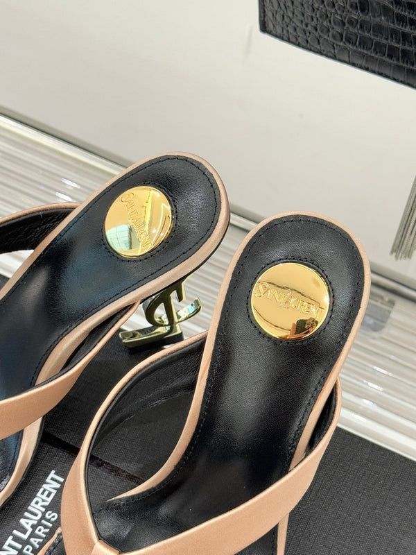 YSL Opyum Mule Sandals 8.5cm Beige Satin Leather Red