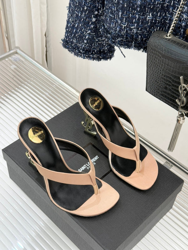 YSL Opyum Mule Sandals 8.5cm Beige Satin Leather Red