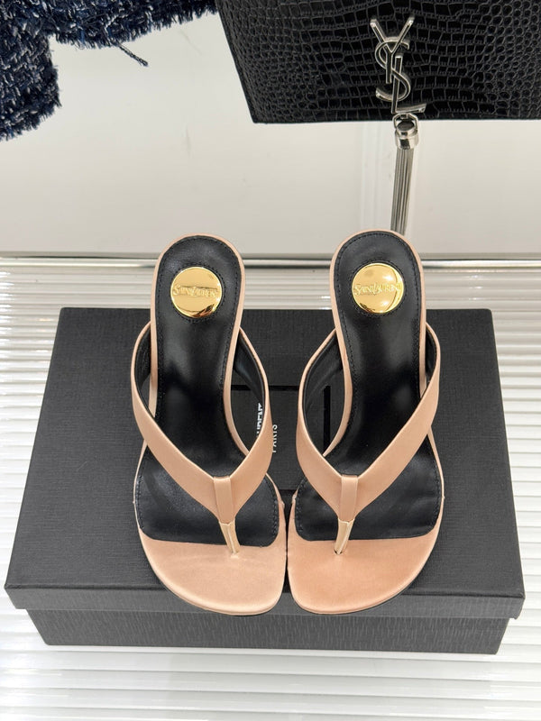 YSL Opyum Mule Sandals 8.5cm Beige Satin Leather Red