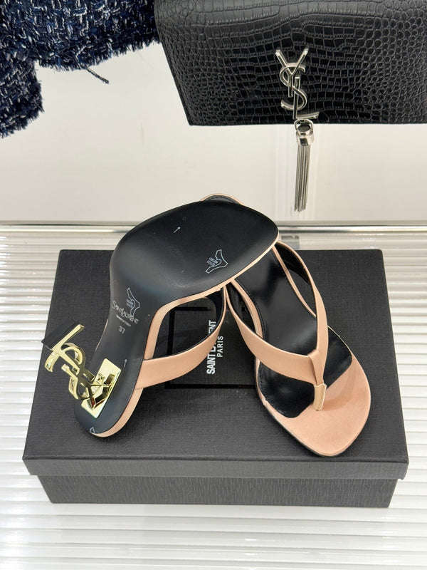 YSL Opyum Mule Sandals 8.5cm Beige Satin Leather Red