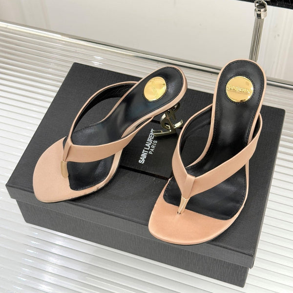 YSL Opyum Mule Sandals 8.5cm Beige Satin Leather Red
