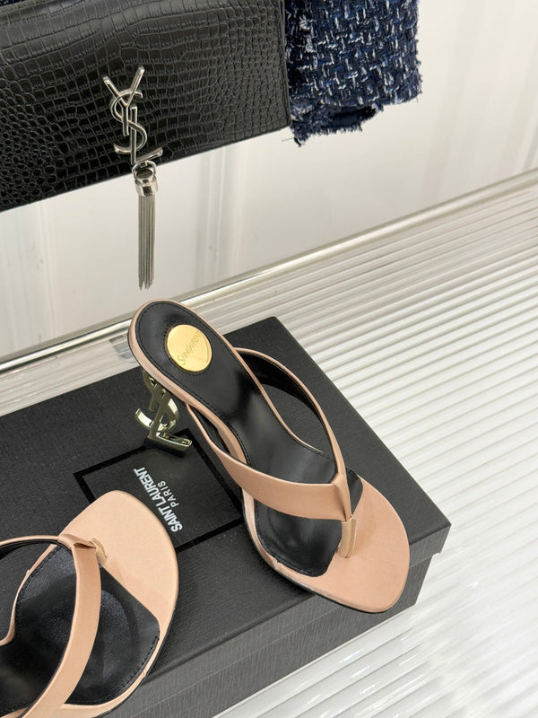 YSL Opyum Mule Sandals 8.5cm Beige Satin Leather Red