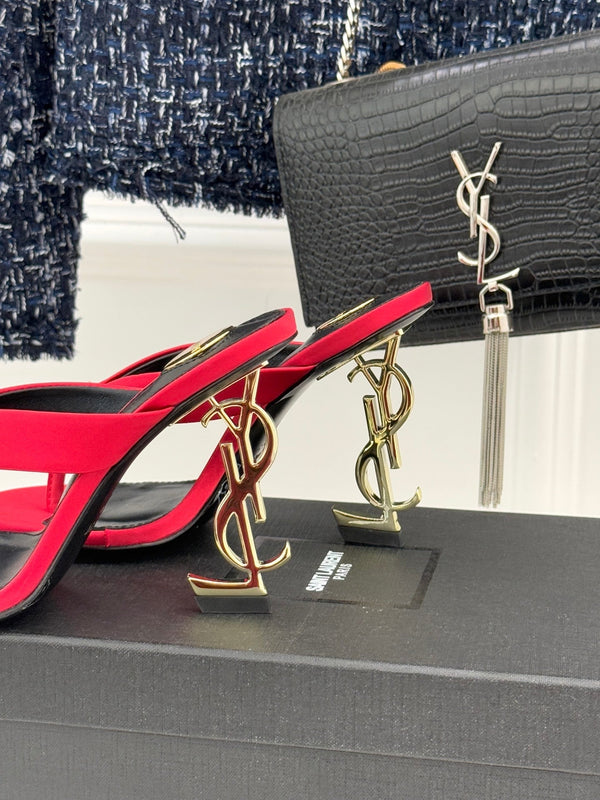 YSL Opyum Mule Sandals 8.5cm Red Satin Leather 642927
