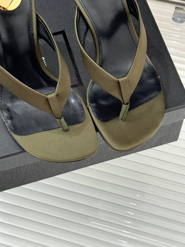 YSL Opyum Mule Sandals 8.5cm Olive Green Satin Leather 642928