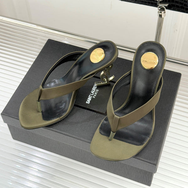 YSL Opyum Mule Sandals 8.5cm Olive Green Satin Leather 642928