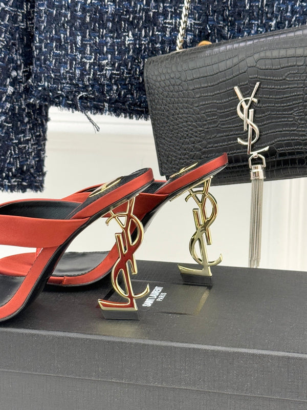 YSL Opyum Mule Sandals 8.5cm Orange Satin Leather