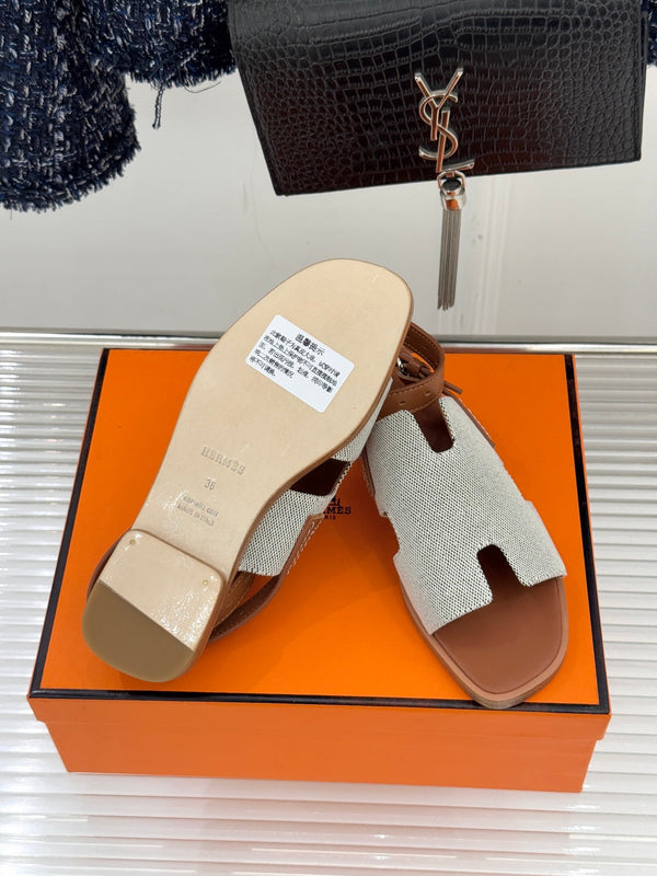 HM Maya Sandal Brown White Leather Canvas 642790